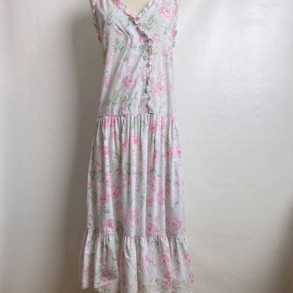 Vintage Victoria Secret Dress Medium Cotton Gold Label Pink Roses Midi Boho - Picture 7 of 8